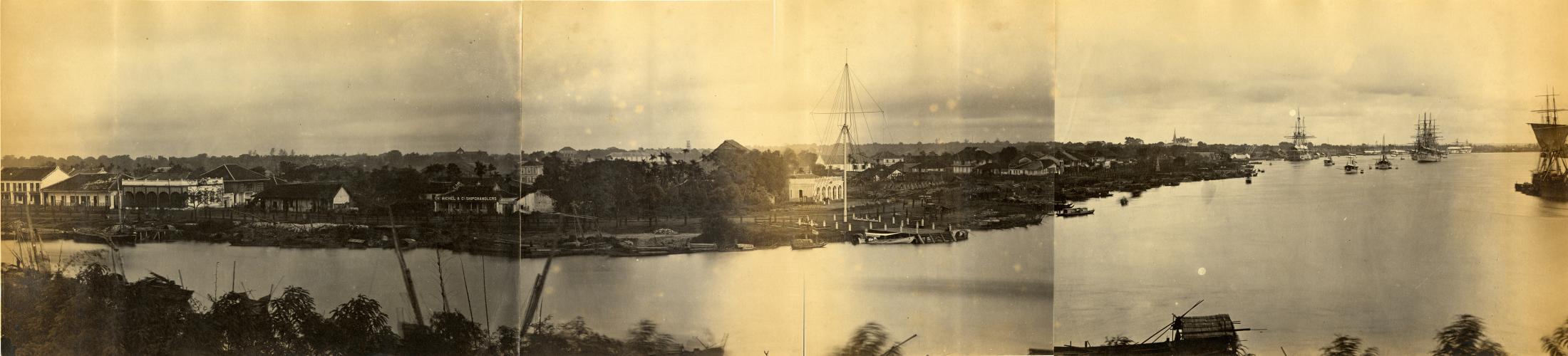 C:\Users\CHAPLAIN\Desktop\PREMIERES EGLISES\1863 26 07  TROISIEME EGLISE OU PREMIERE CATHEDRALE\DS 1866. Émile Gsell. Saigon, 3-part panorama, 1866, albumen print. Note the abscence of the Maison Wang Tai constructed in 1867. Author's Collection.jpg